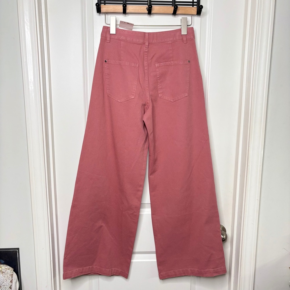 NEW Zara Pink Pleated Wide Leg Denim Pants High Waist Cotton Trousers Size 4 NWT